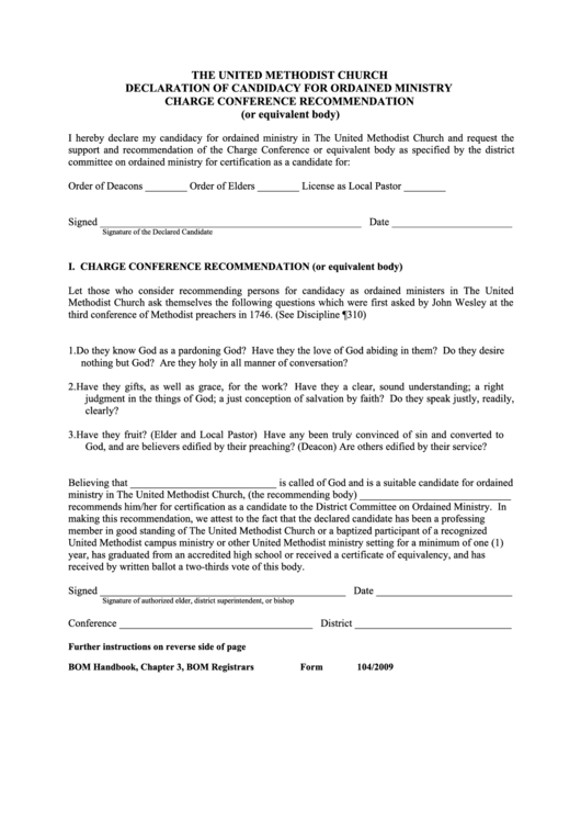 Declaration Form Of Candidacy For Ordained Ministry Printable pdf
