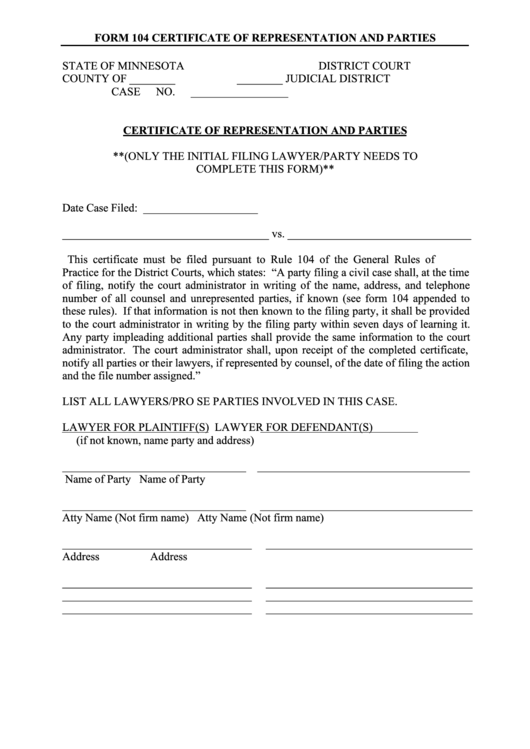 Form 104 Certificate Of Representation And Parties - Minnesota Printable pdf