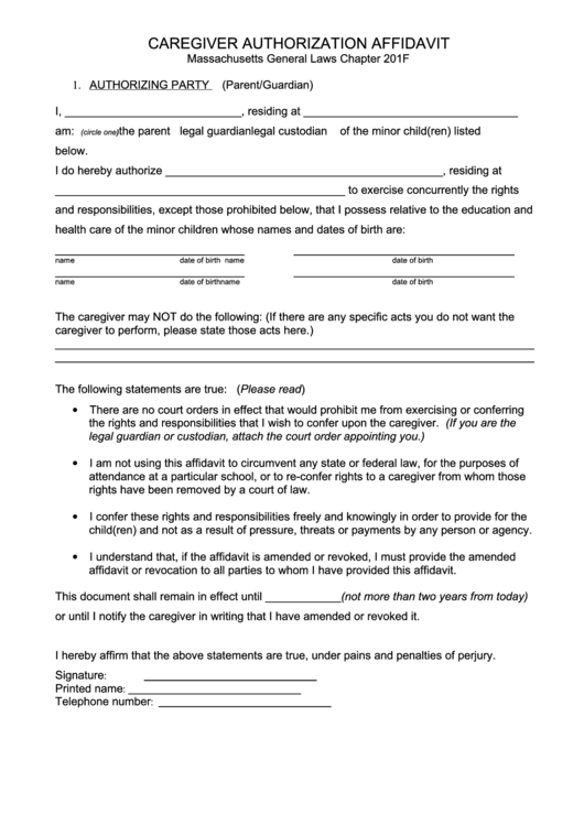 Caregiver Authorization Affidavit Printable pdf