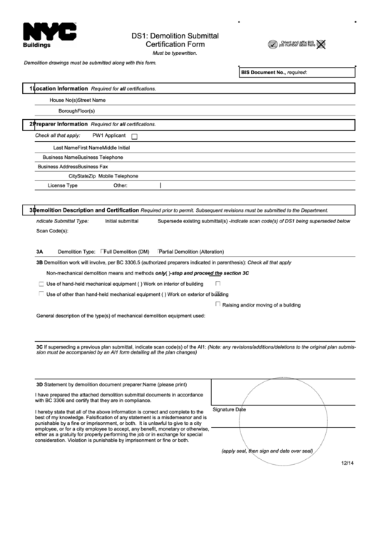 Fillable Ds1: Demolition Submittal Certification Form Printable pdf