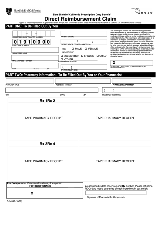 Form C-14352 - Blue Shield Of California Prescription Drug Benefit - Direct Reimbursement Claim Printable pdf
