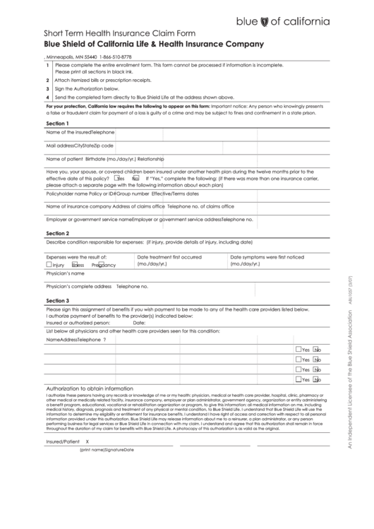 Short Term Health Insurance Claim Form - Blue Shield Of California Life & Health Insurance Company Printable pdf