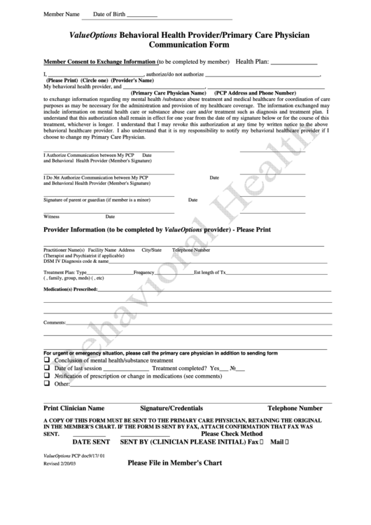 Valueoptions Behavioral Health Provider/primary Care Physician Form Printable pdf