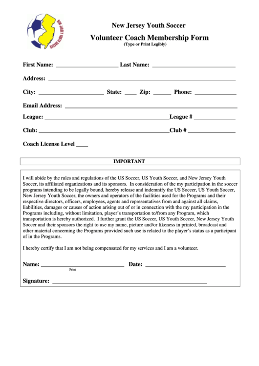 Volunteer Coach Membership Form - New Jersey Youth Soccer