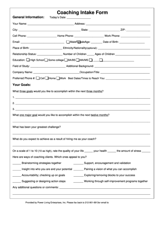 Coaching Intake Form Printable pdf