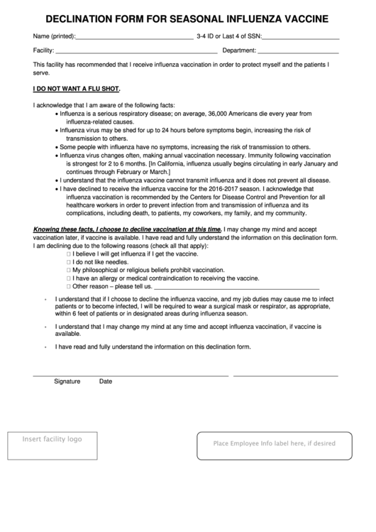 Declination Form For Seasonal Influenza Vaccine Printable pdf