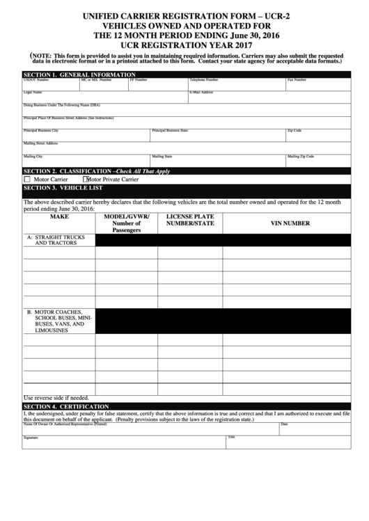Form Ucr-2 - Unified Carrier Registration Form - Vehicles Owned And Operated