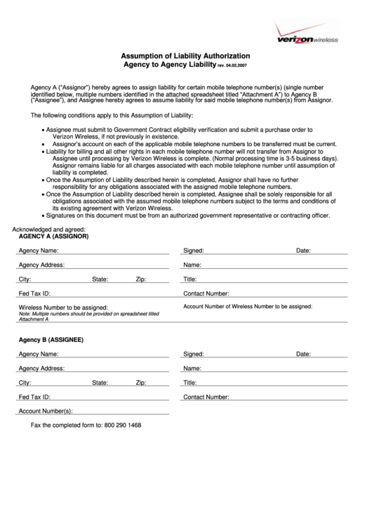 Assumption Of Liability Authorization Form - Agency To Agency Printable pdf