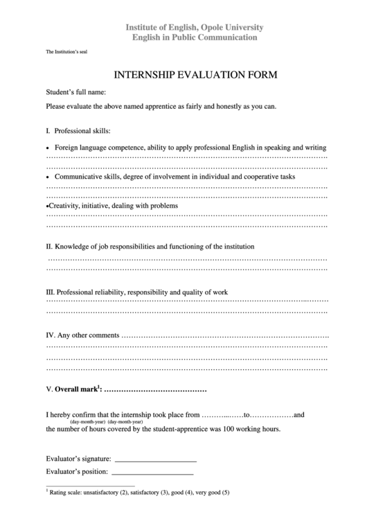 Internship Evaluation Form Printable pdf