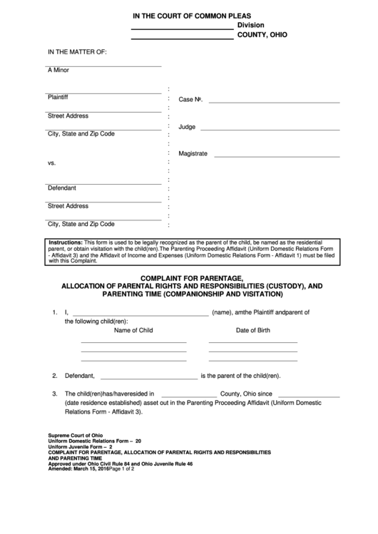 Complaint For Parentage, Allocation Of Parental Rights Printable pdf