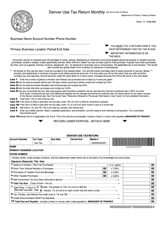 Fillable Denver Use Tax Return Monthly - City And County Of Denver Printable pdf