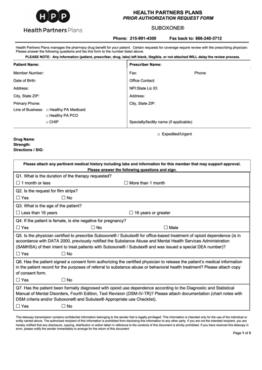 Prior Authorization Request Form - Suboxone Printable pdf