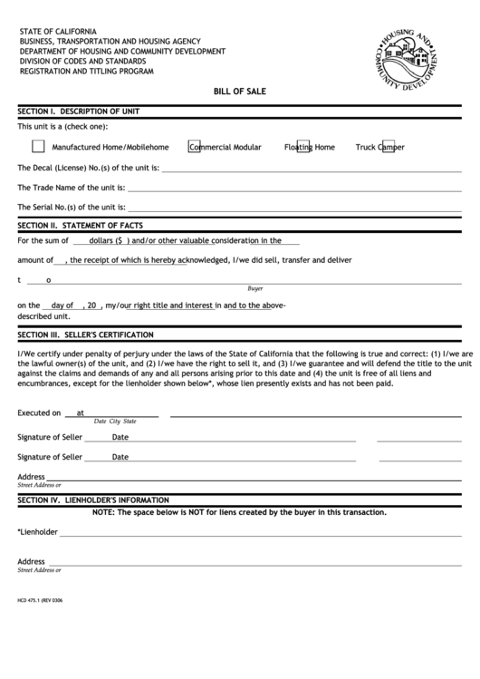 Hcd 475.1 Form - Bill Of Sale Form - State Of California Business, Transportation And Housing Agency
