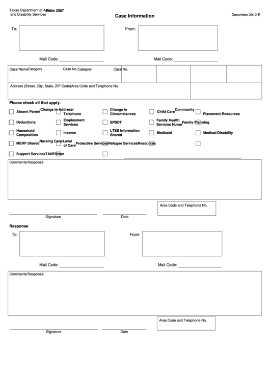 Fillable Form 2067 - Case Information (Texas Department Of Aging And Disability Services) Printable pdf