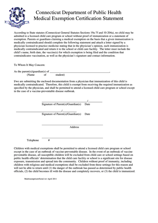 Connecticut Department Of Public Health Medical Exemption Certification Statement Printable pdf
