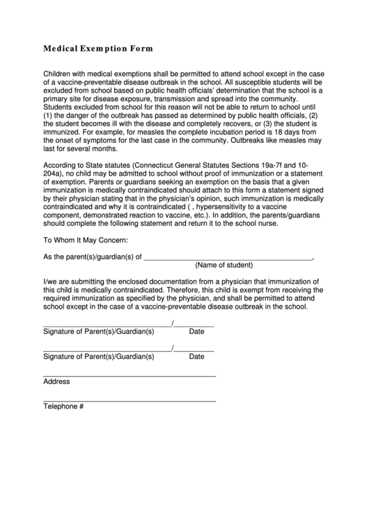 Medical Exemption Form Printable pdf