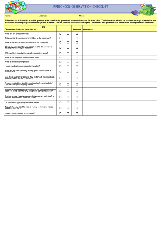 Preschool Classroom Observation Checklist