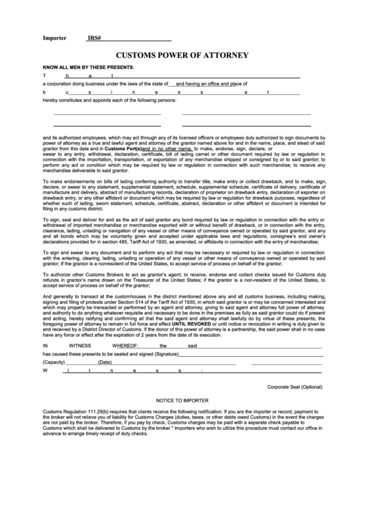 Fillable Customs Power Of Attorney Form Printable pdf