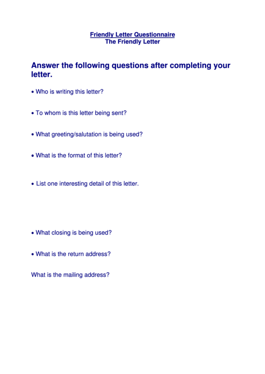 Friendly Letter Questionnaire - The Friendly Letter Printable pdf
