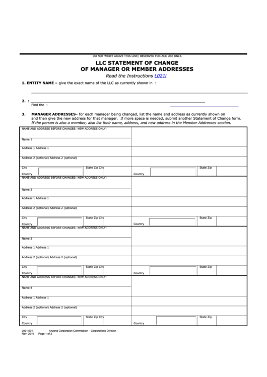 Fillable Form L021.001 - Llc Statement Form Of Change Of Manager Or Member Addresses - 2010 Printable pdf