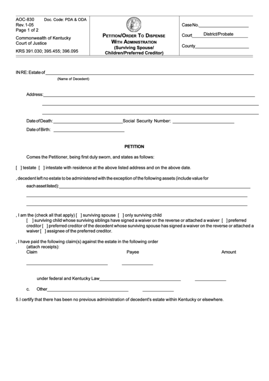 Fillable Form Aoc-830 - 2005 Petition/order To Dispense With Administration Form Printable pdf