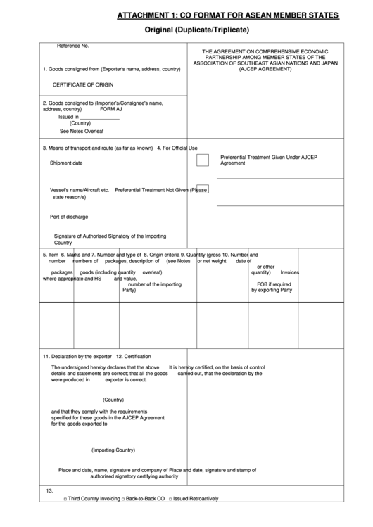 Co Format Form For Asean Member States Printable pdf