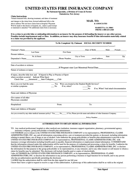 Insurance Claim Form - United States Fire Insurance Company Printable pdf