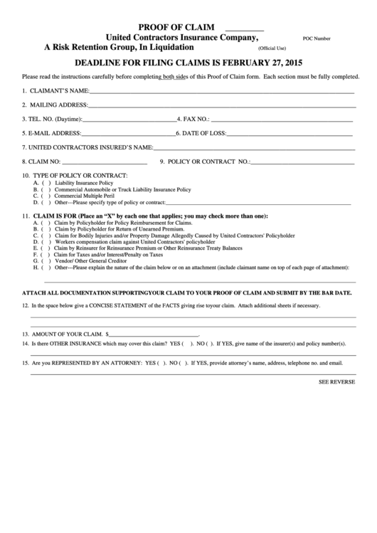 Ucic Proof Of Claim Form - Delaware Department Of Insurance