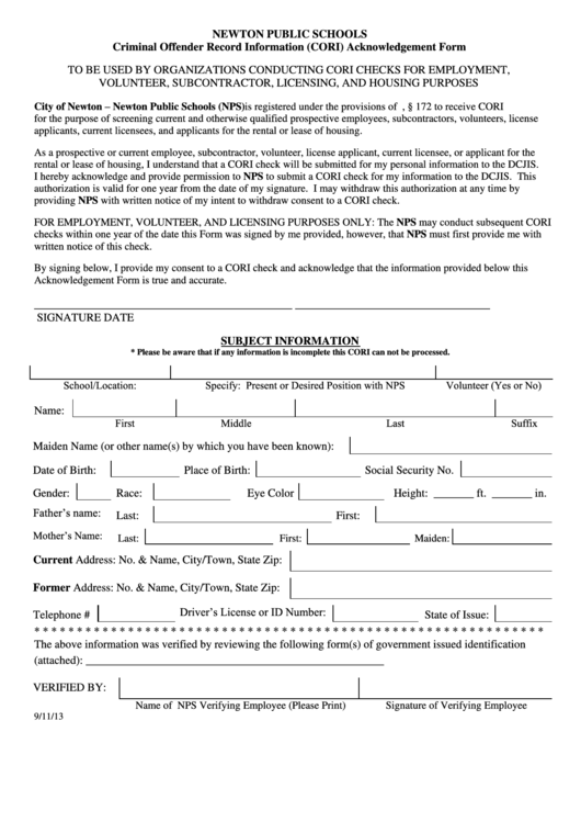 Criminal Offender Record Information (Cori) Acknowledgement Form Printable pdf