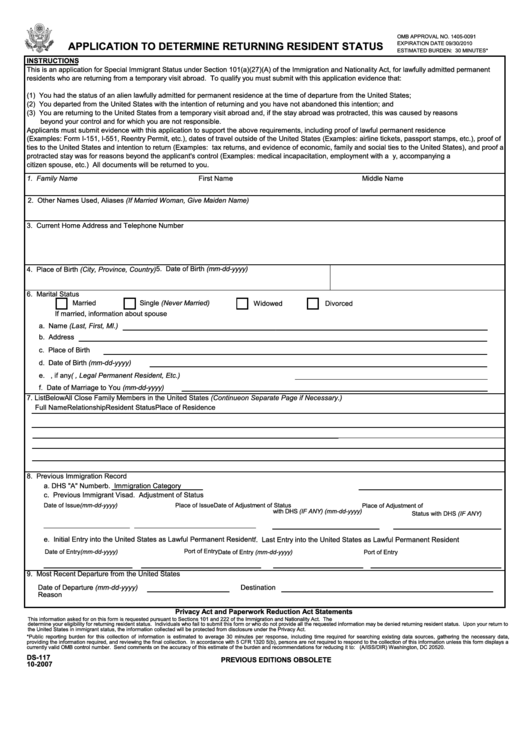Fillable Form Ds-117 - Application To Determine Returning Resident Status Printable pdf