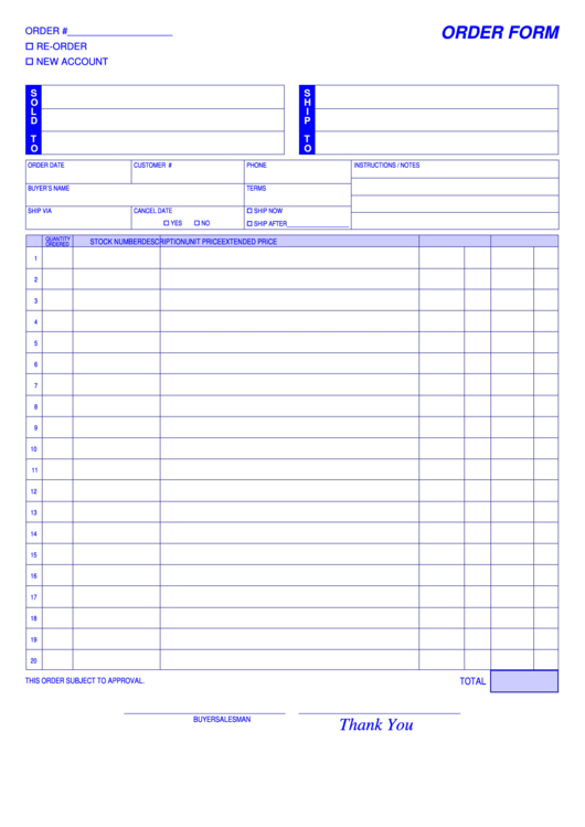 Blank Order Form Template - Blue Printable pdf