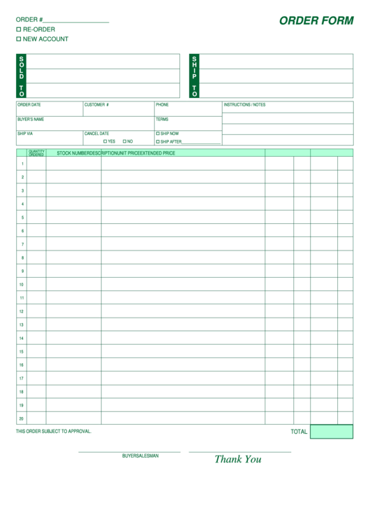 Blank Order Form Template - Green Printable pdf