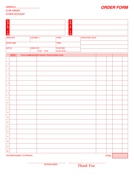 Blank Order Form Template - Red Printable pdf