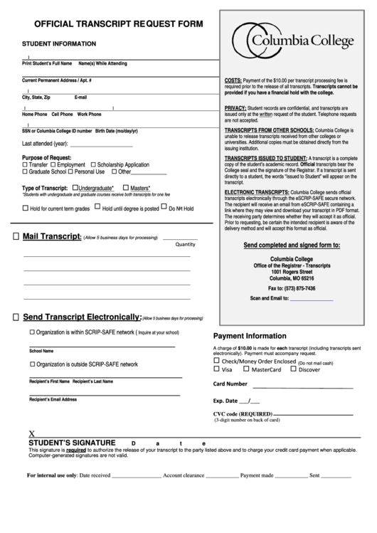 Fillable Columbia College Transcript Request Form Printable pdf