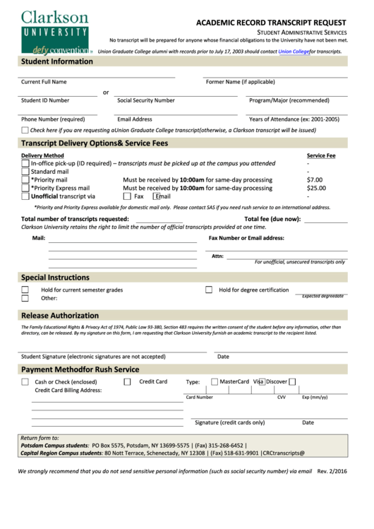 Fillable Union Graduate College Academic Record Transcript Request Printable pdf