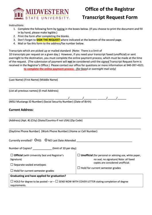 Midwestern State University Transcript Request Form Printable pdf
