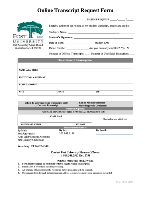 Post University Online Transcript Request Form Printable pdf