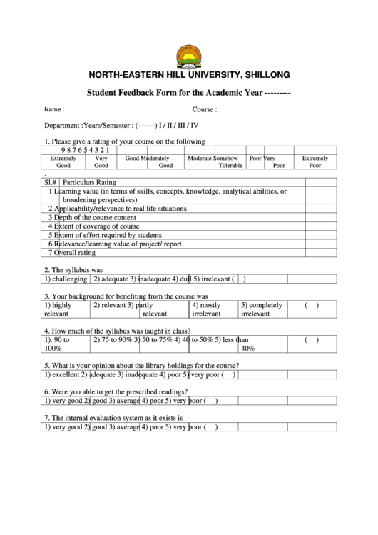 Student Feedback Form Printable pdf