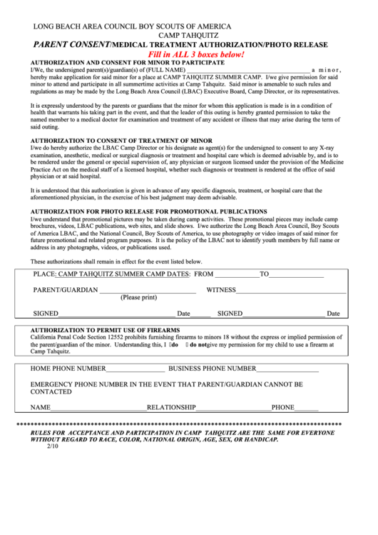 Bsa Medical Treatment Authorization Form Printable pdf