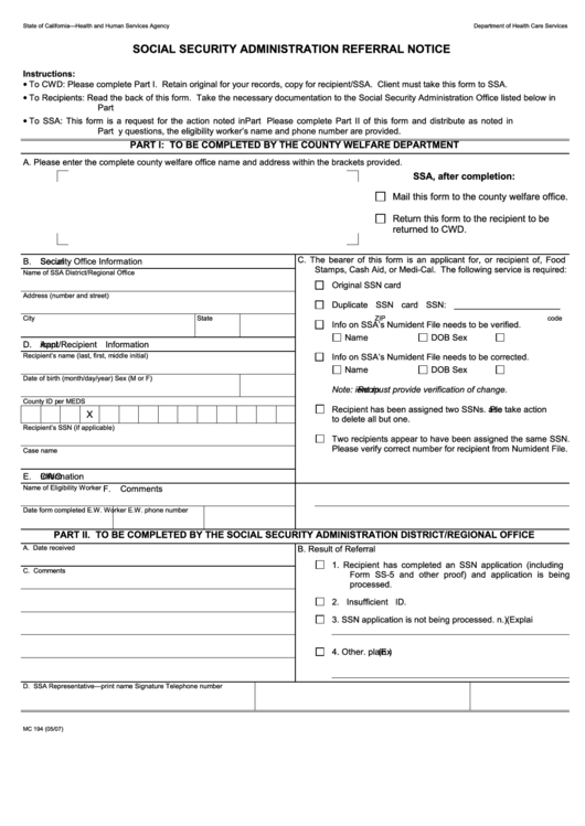 Mc 194 - Social Security Administration Referral Notice Printable pdf