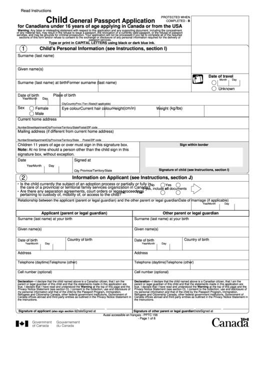 Fillable Form Pptc 156 - Child General Passport Application For Canadians Under 16 Years Of Age Applying In Canada Or From The Usa Printable pdf