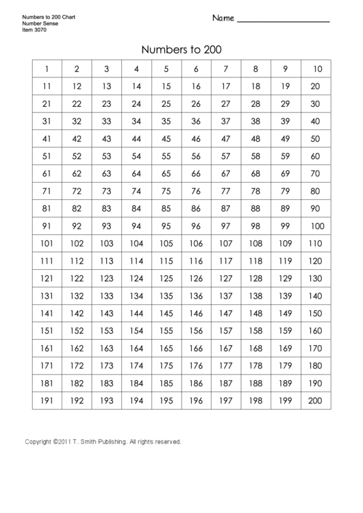 Number Chart To 200