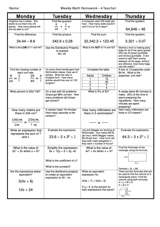 Weekly Math Homework Sheet Printable Pdf Download