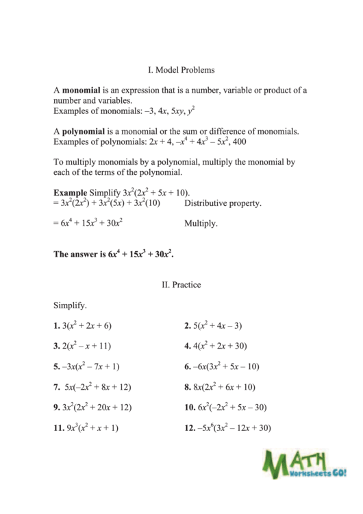Multiplying Monomials With Polynomials Printable pdf