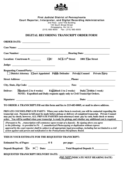 Fillable First Judicial District Of Pennsylvania Digital Recording Transcript Order Form Printable pdf