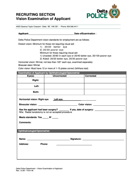 Form 46 - Recruiting Section Vision Examination Of Applicant - Delta Police Printable pdf