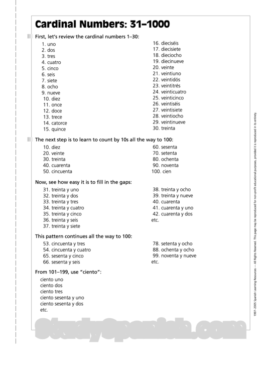 Cardinal Numbers: 31-1000 Printable pdf