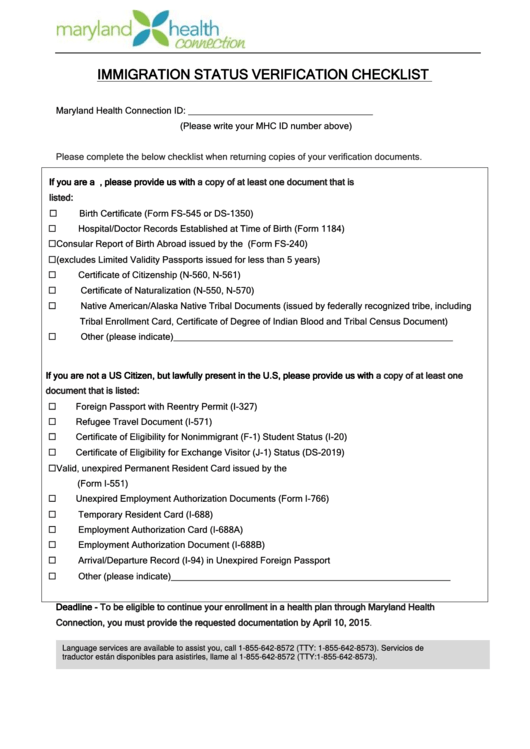 Immigration Status Verification Checklist Printable pdf