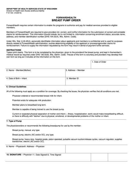 Form F-1153 - Forward Health Breast Pump Order - 2015 Printable pdf