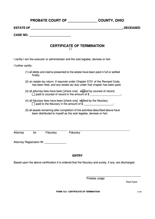 Fillable Certificate Of Termination Printable pdf